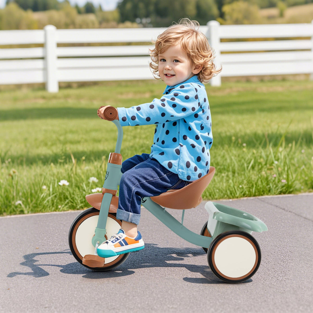 Toddler Tricycle Kids Trike with Adjustable Seat and Basket Aged 3-5 Years Old-Green