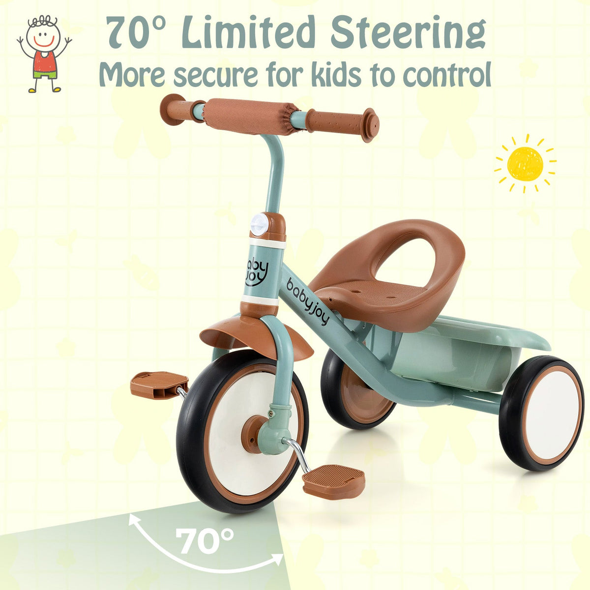 Toddler Tricycle Kids Trike with Adjustable Seat and Basket Aged 3-5 Years Old-Green