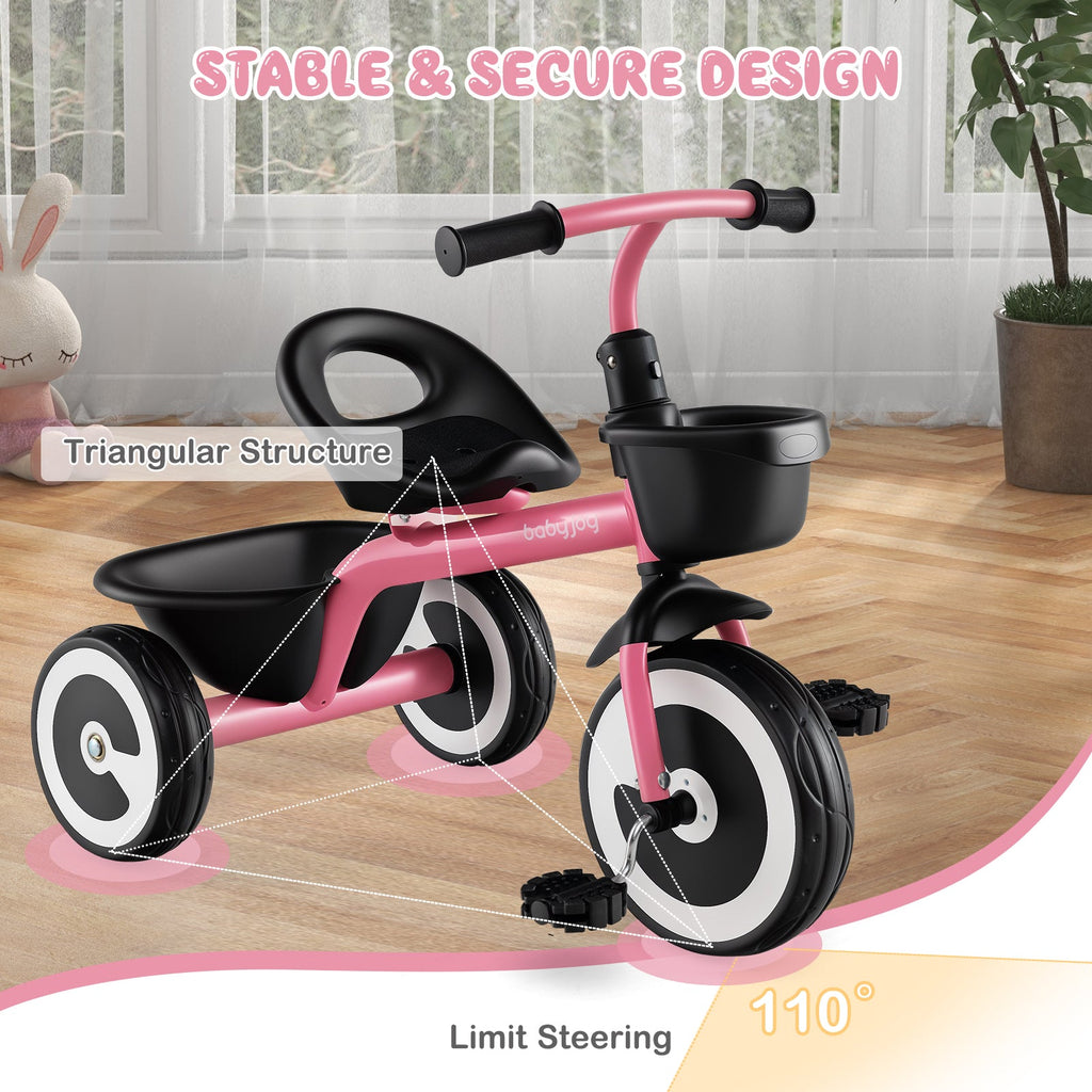 Toddler Tricycle with Adjustable Seat and Storage Baskets for 1.5-5 Years Old-Pink