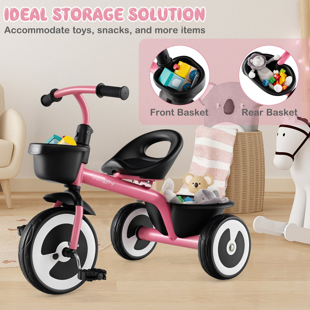 Toddler Tricycle with Adjustable Seat and Storage Baskets for 1.5-5 Years Old-Pink