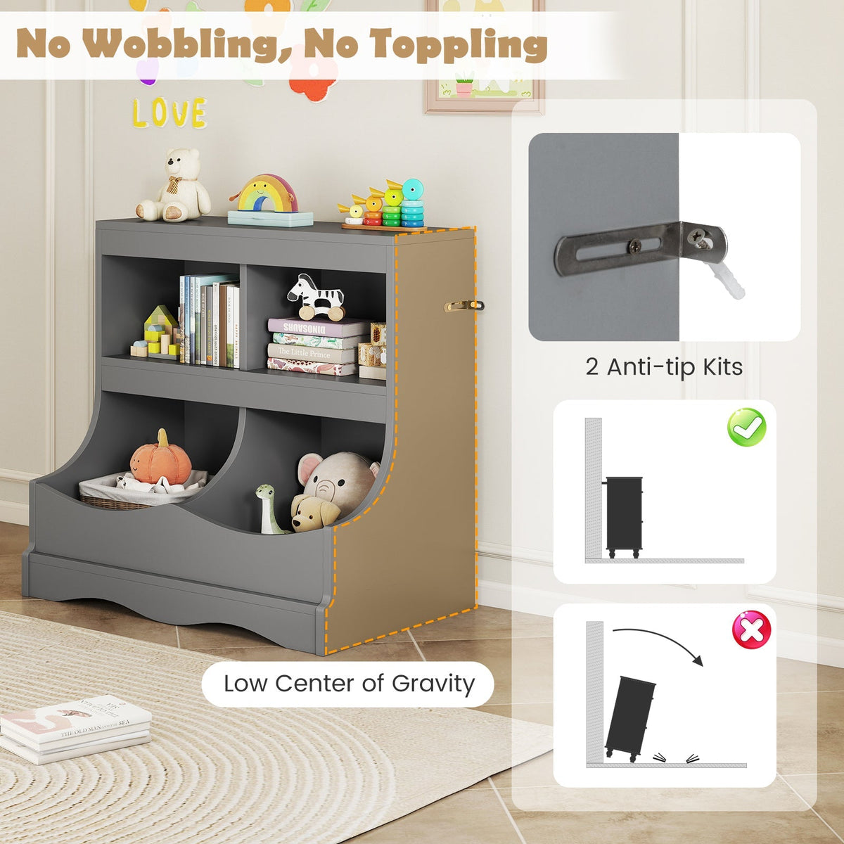 Toy Storage Organizer 4-Cubby Kids Bookcase for Toys and Books