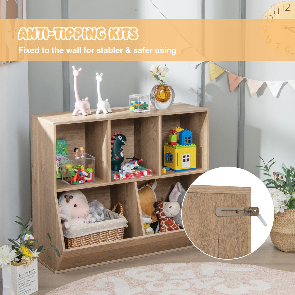 5-Cube Wooden Kids Toy Storage Organizer with Anti-Tipping Kits-Natural
