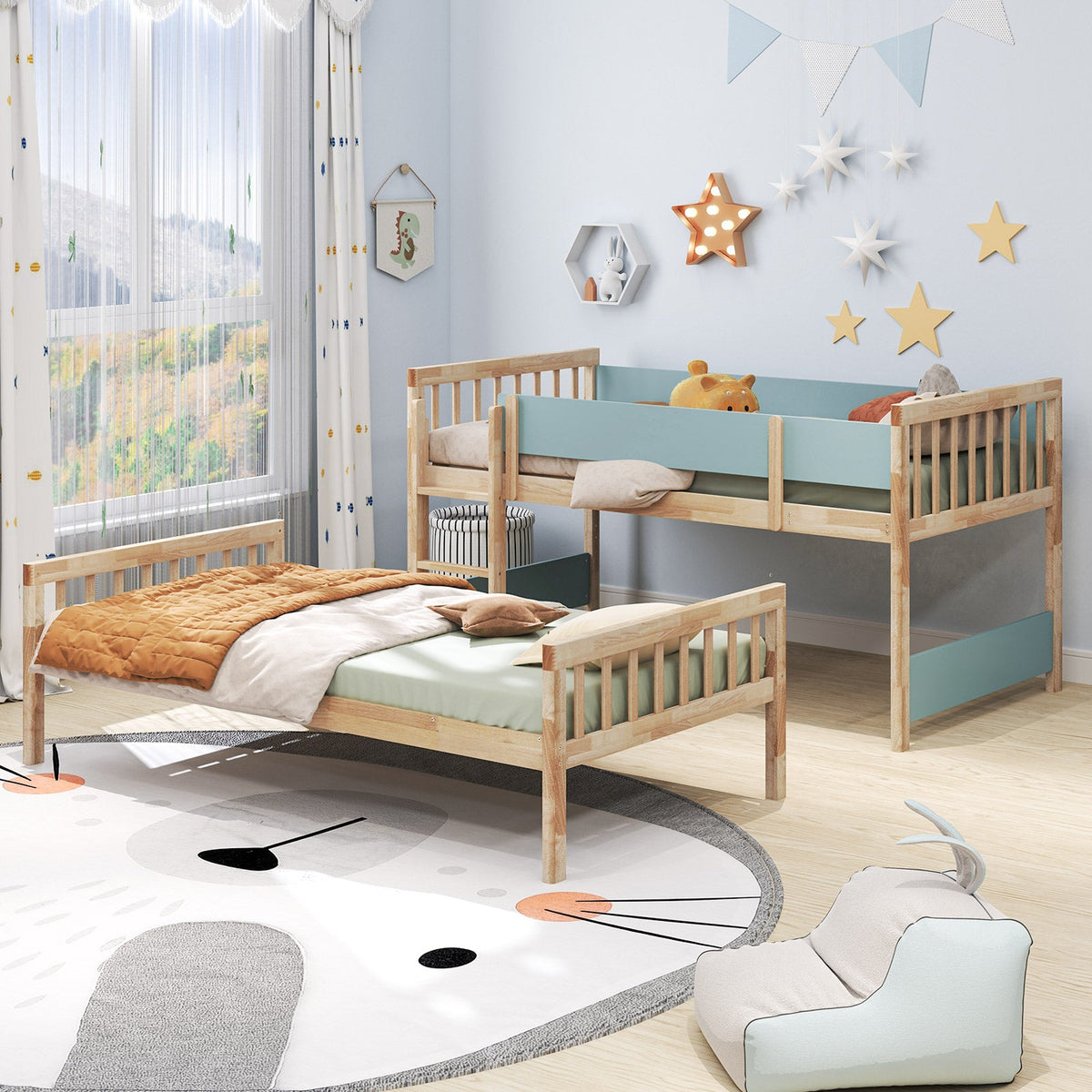 Twin Over Twin Bunk Bed with Ladder and Full-length Guardrails-Natural
