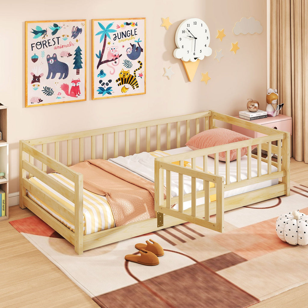 Twin Size Floor Bed with High Fence and Door Playhouse for Kids-Natural