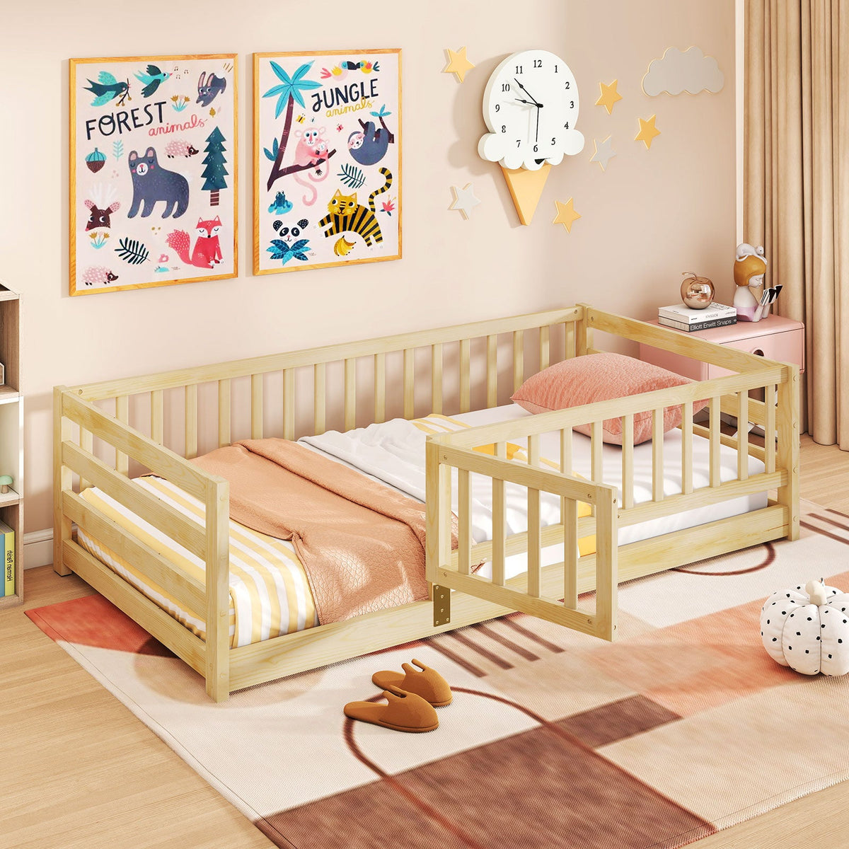 Twin Size Floor Bed with High Fence and Door Playhouse for Kids-Natural