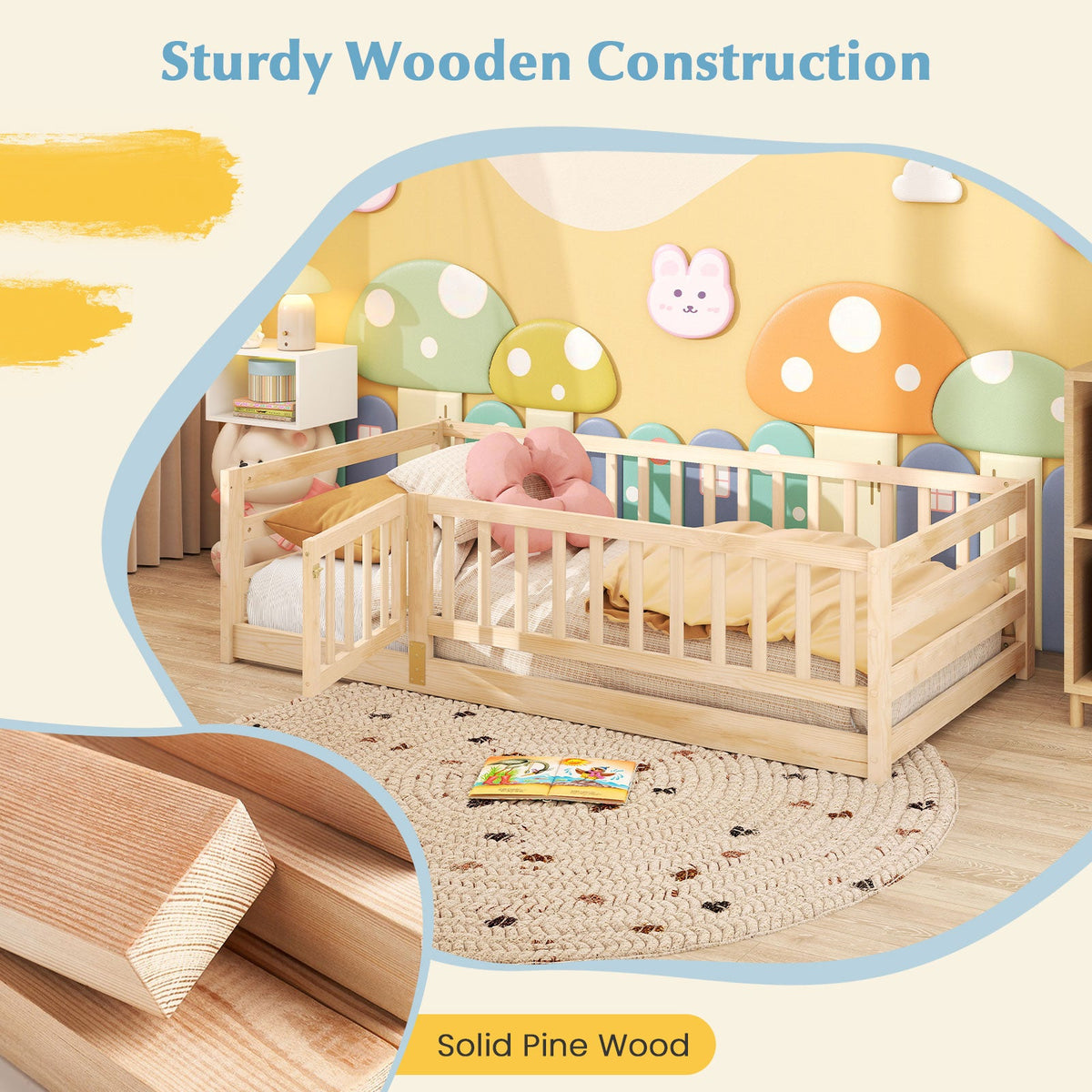 Twin Size Floor Bed with High Fence and Door Playhouse for Kids-Natural