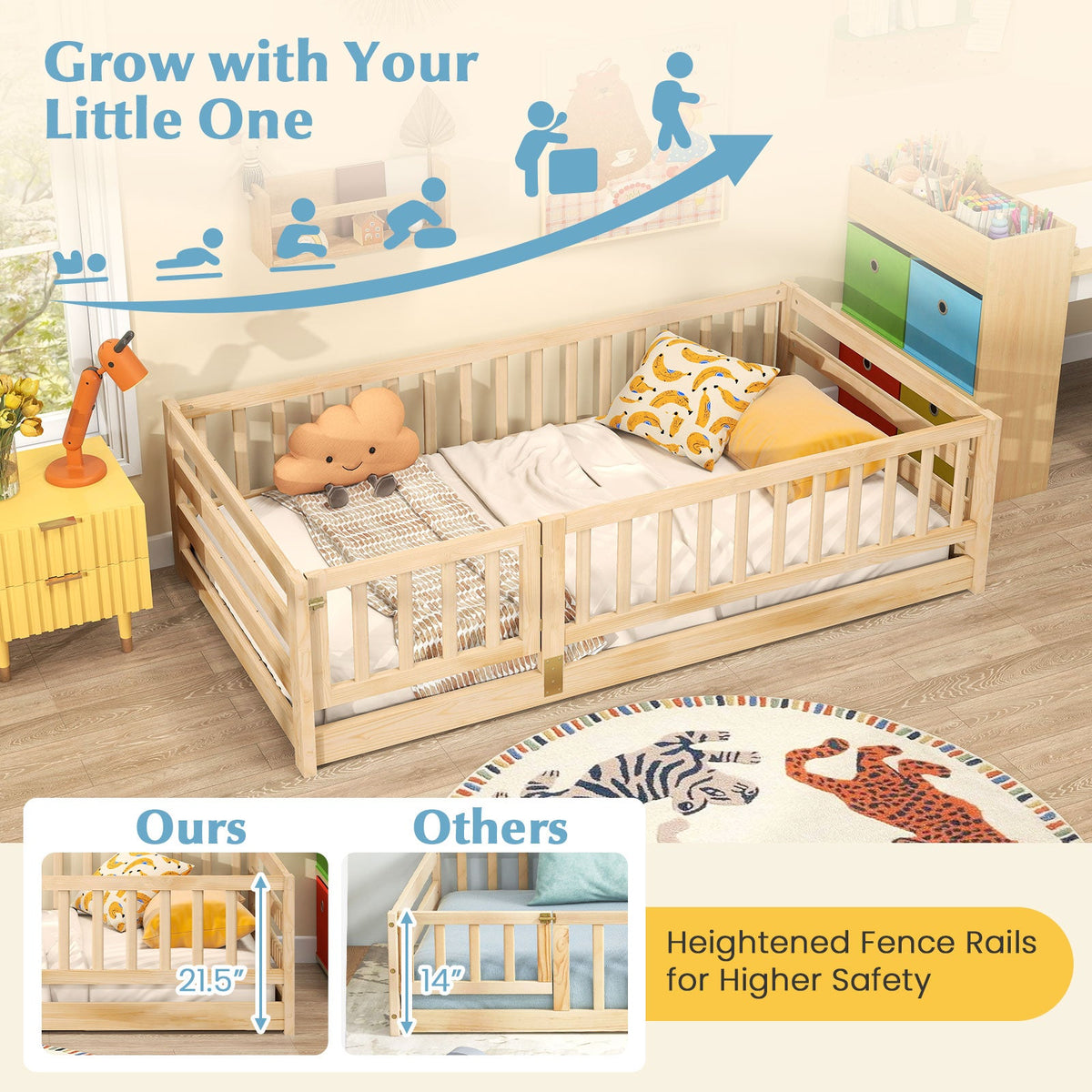Twin Size Floor Bed with High Fence and Door Playhouse for Kids-Natural