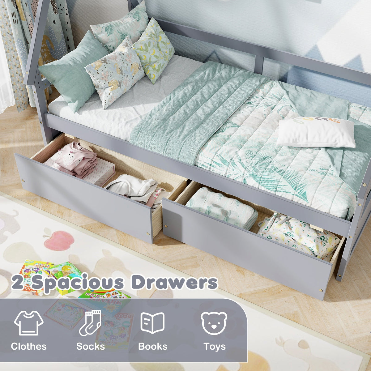 Twin Size House Bed with Roof and Safety Guardrail-Gray