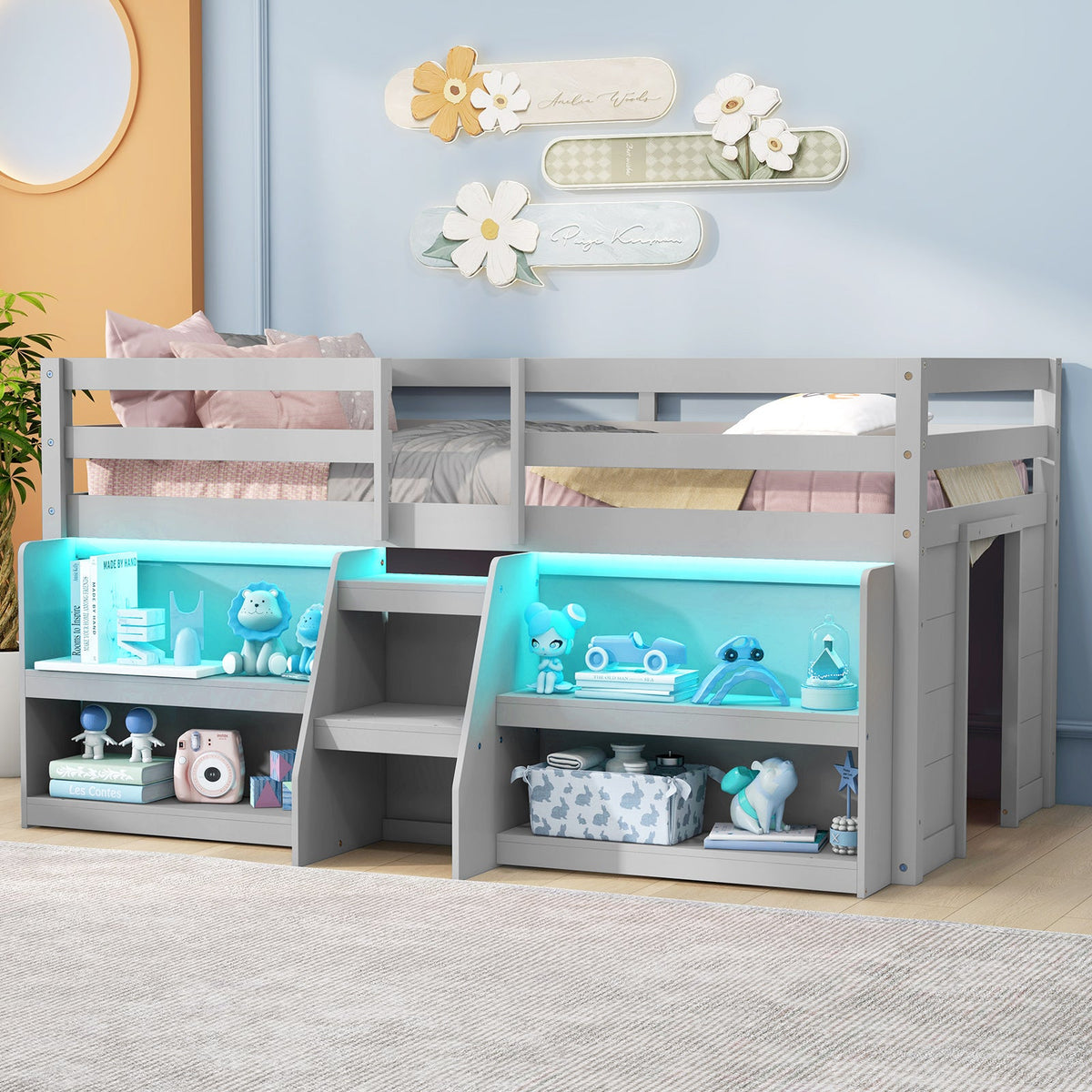 Twin Size Loft Bed with LED Lights with Staircase and Safety Guardrail-Gray