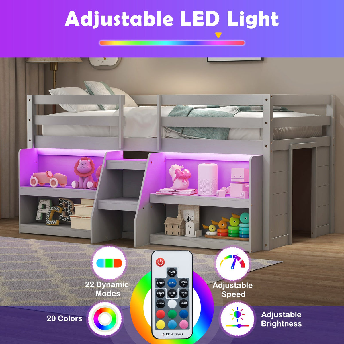 Twin Size Loft Bed with LED Lights with Staircase and Safety Guardrail-Gray