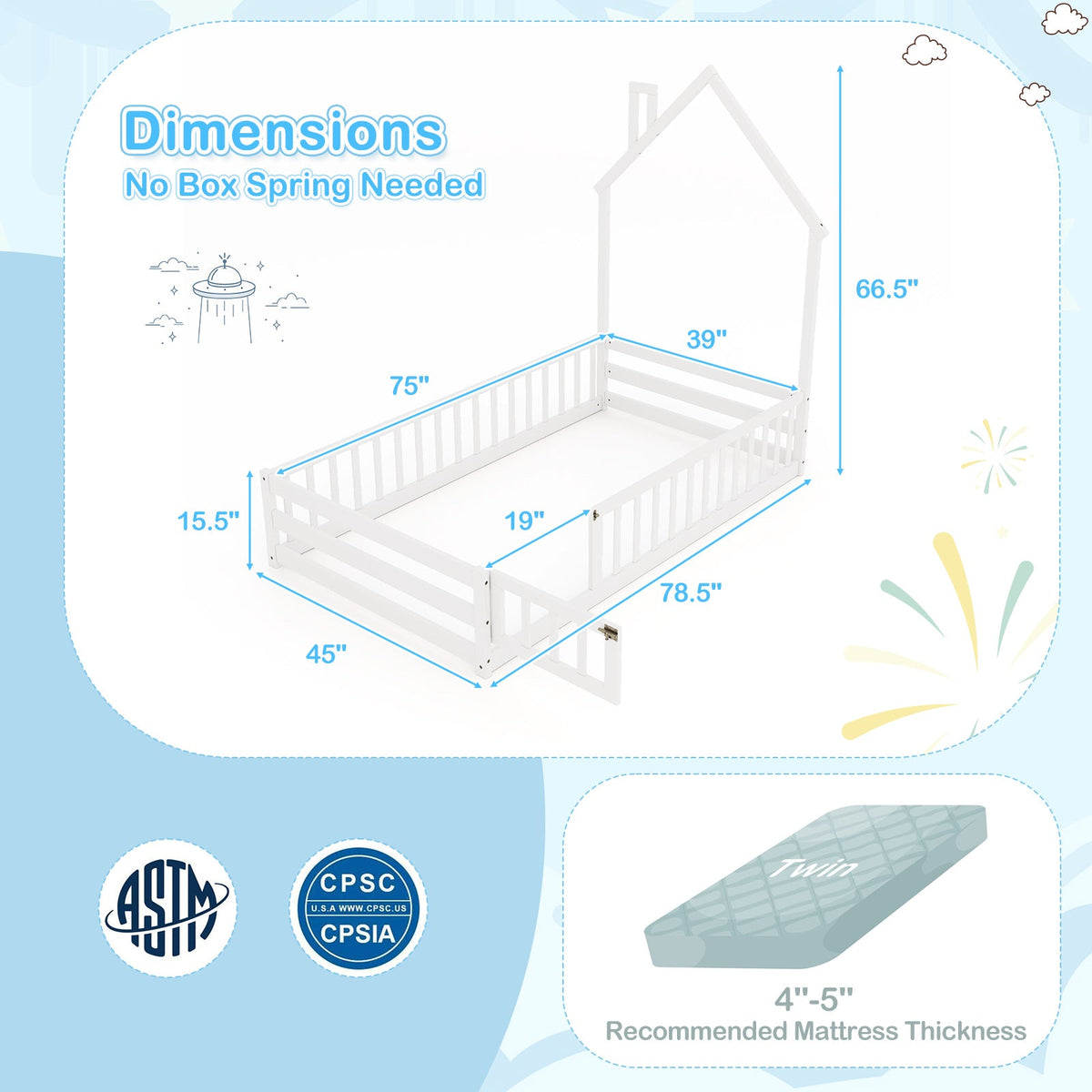 Twin Size Montessori Floor Bed with Lockable Door and Full-Length Guardrail-White