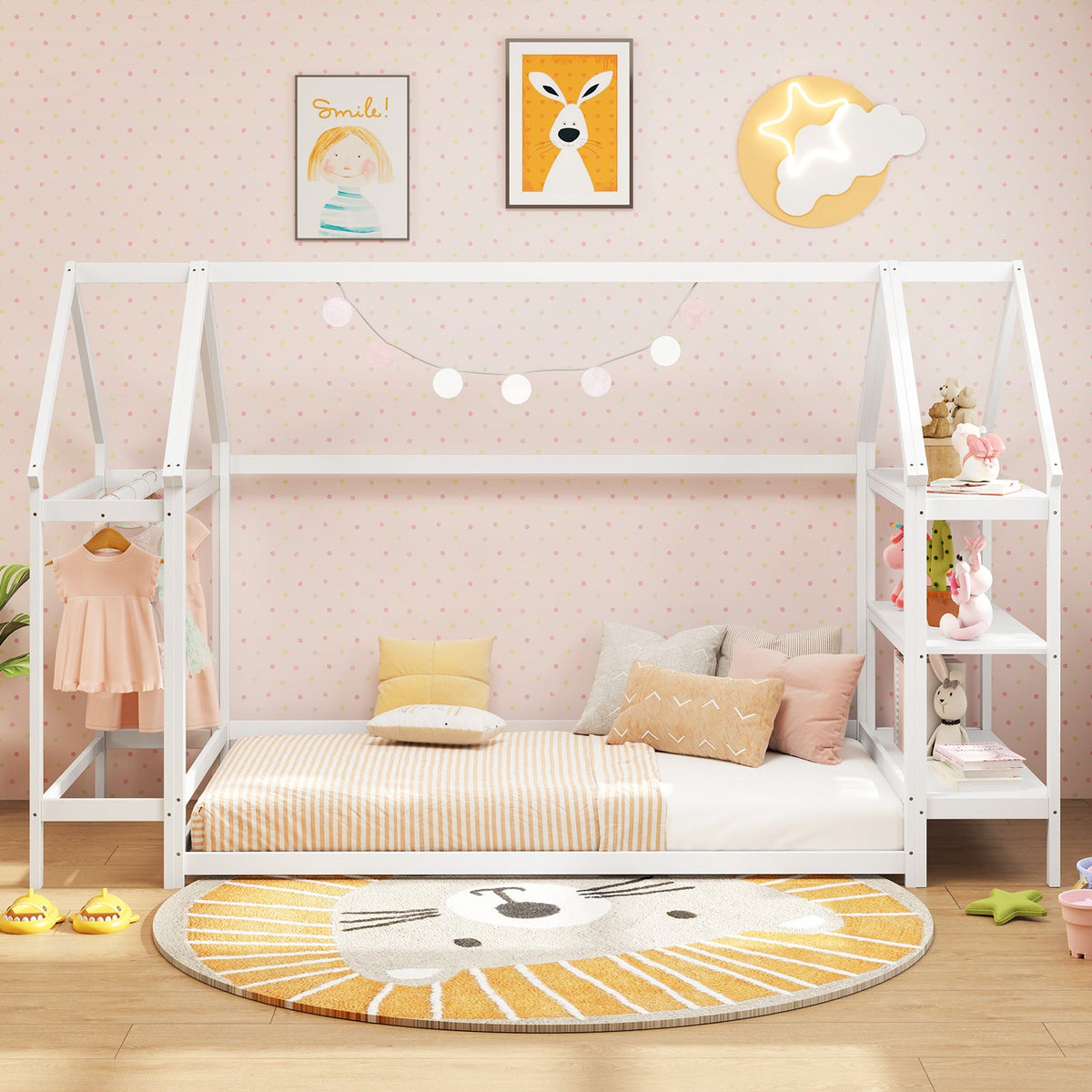 Twin Size Montessori Floor House Bed with Detachable Storage Shelves-White