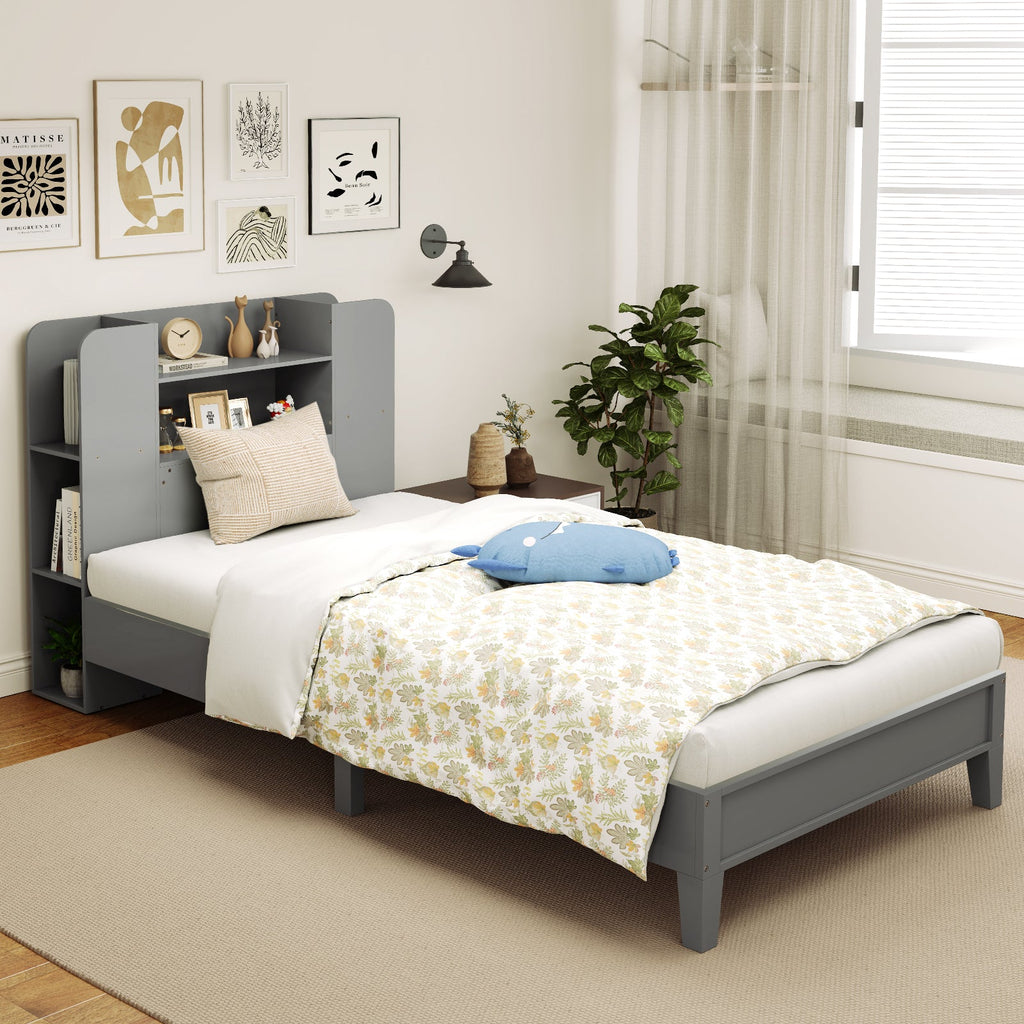 Twin Size Wooden Platform Bed Frame with Bookcase Headboard-Gray
