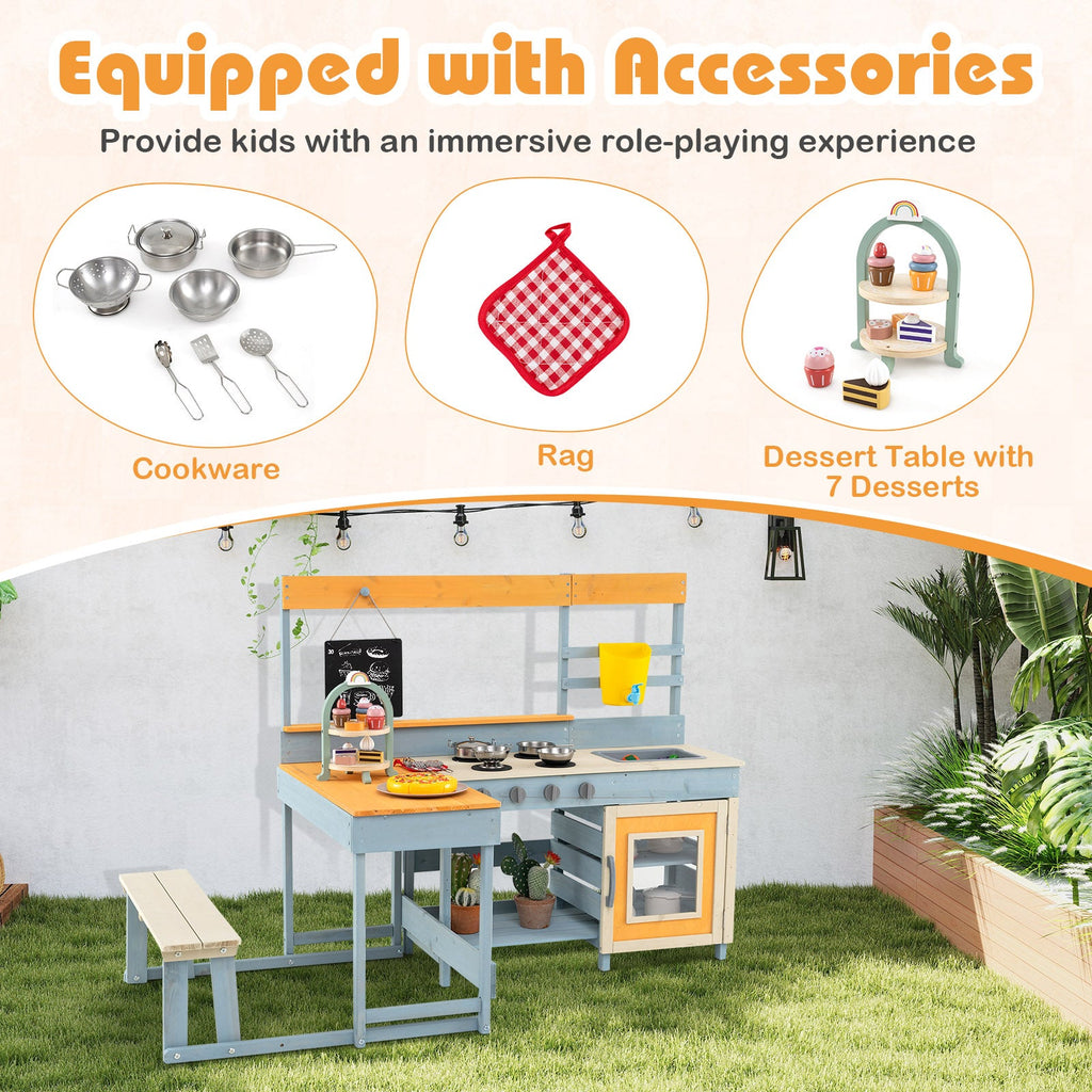 Fir Wood Play Kitchen with Kids Picnic Table and Built-in Bench-Gray