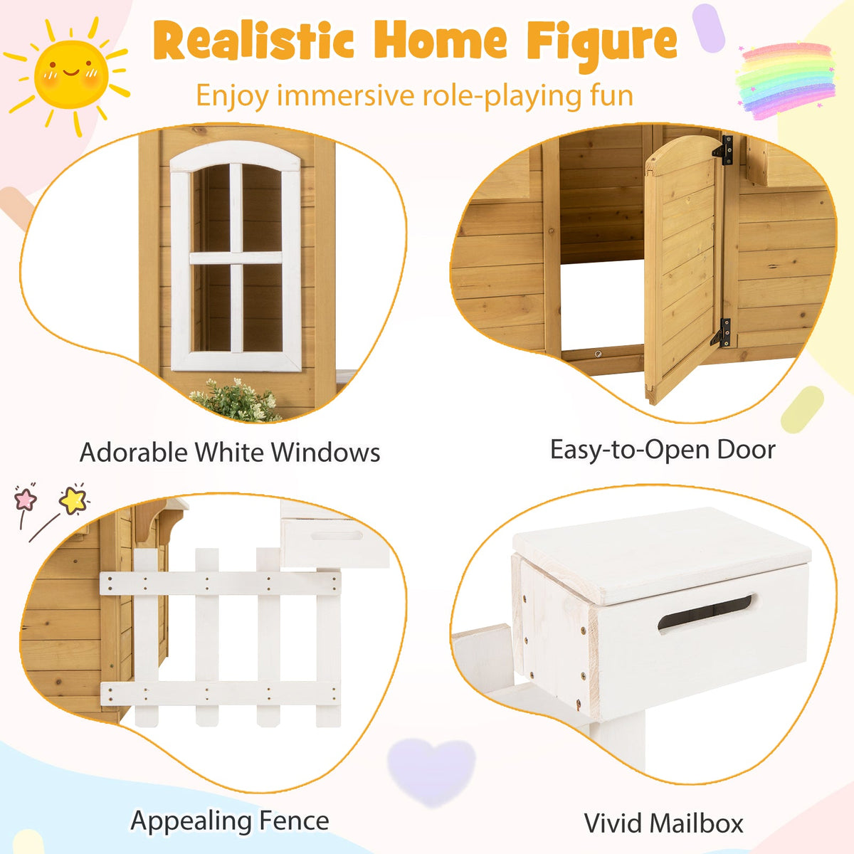Wood Playhouse with Bench and Serving Stations for 2+ Years Old Kids