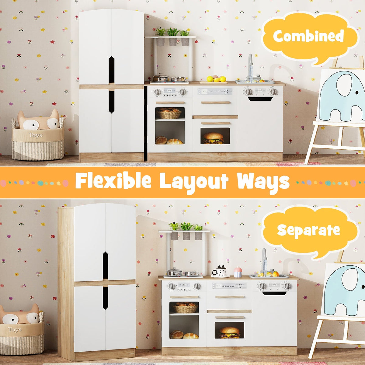 Wooden 2 Piece Kids Kitchen Playset with Fridge and Running Water
