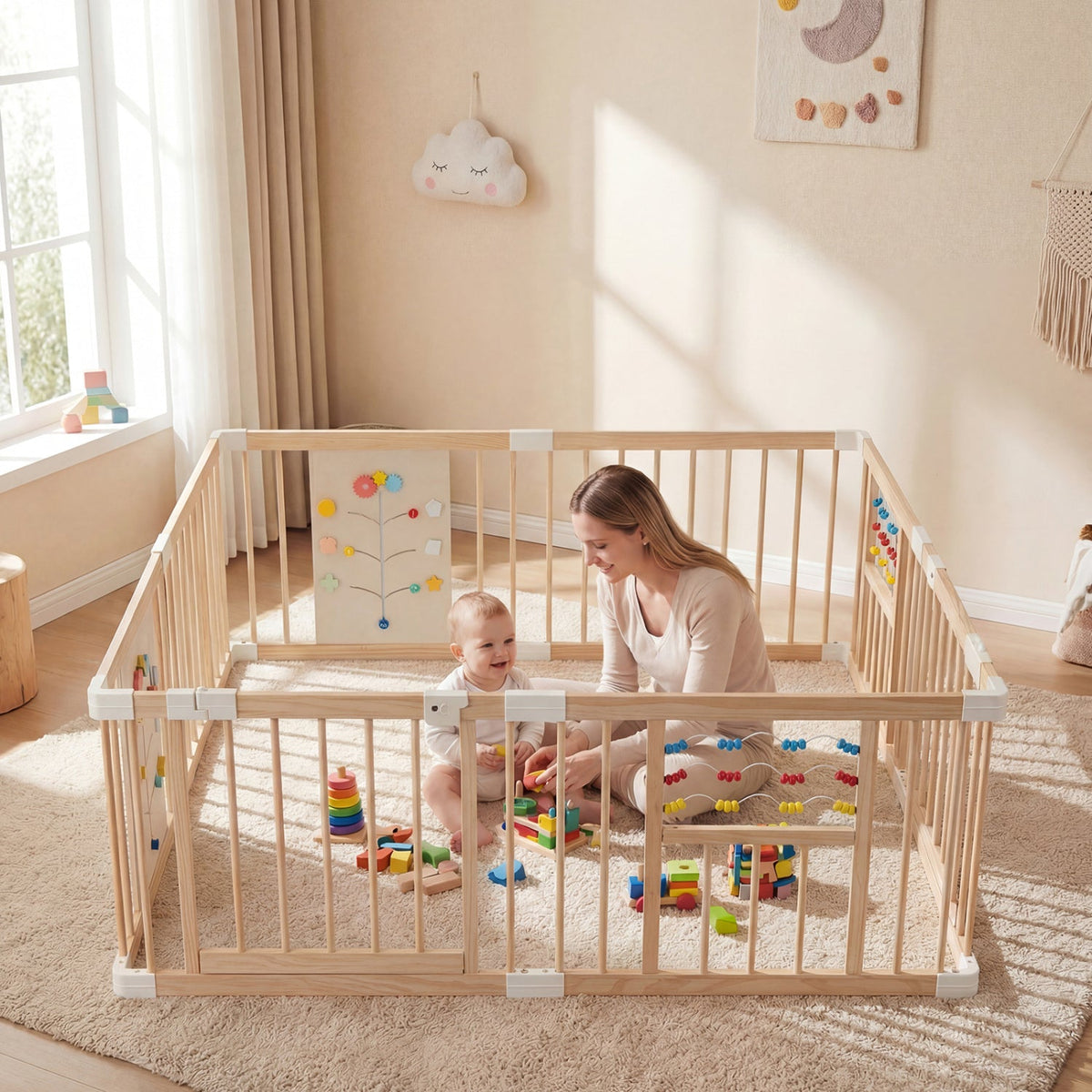 Wooden Baby Playpen Adjustable Large Play Yard for Infants-Natural