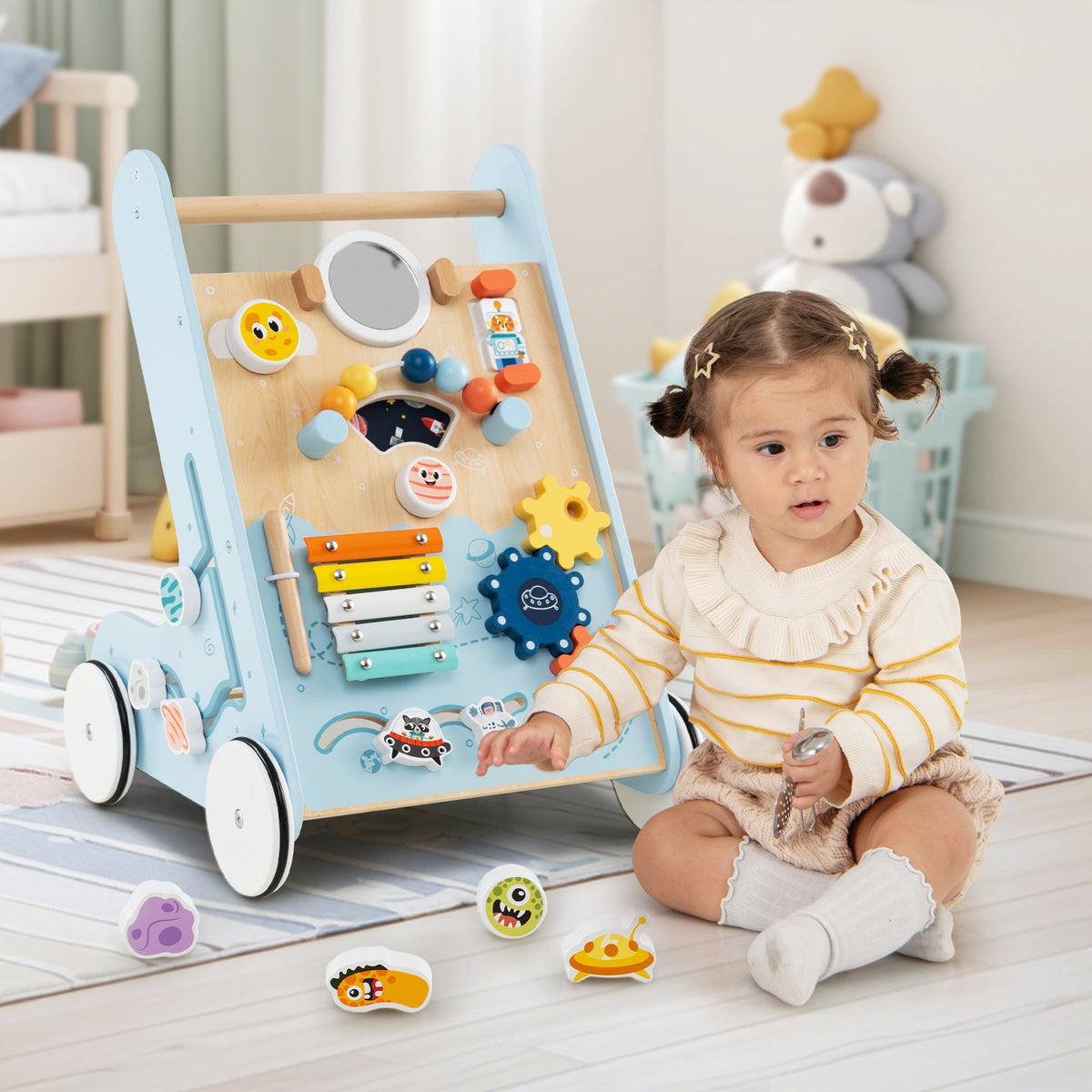 Wooden Baby Walker Push and Pull Learning Activity Center with Wheels for Toddlers 1+ Years Old-Blue