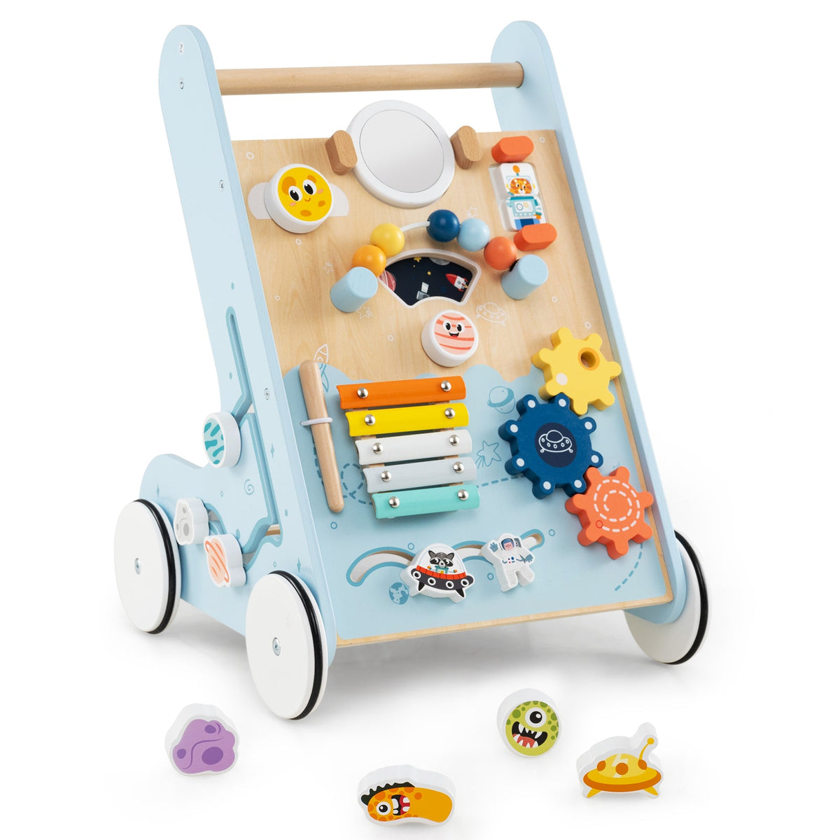 Wooden Baby Walker Push and Pull Learning Activity Center with Wheels for Toddlers 1+ Years Old-Blue
