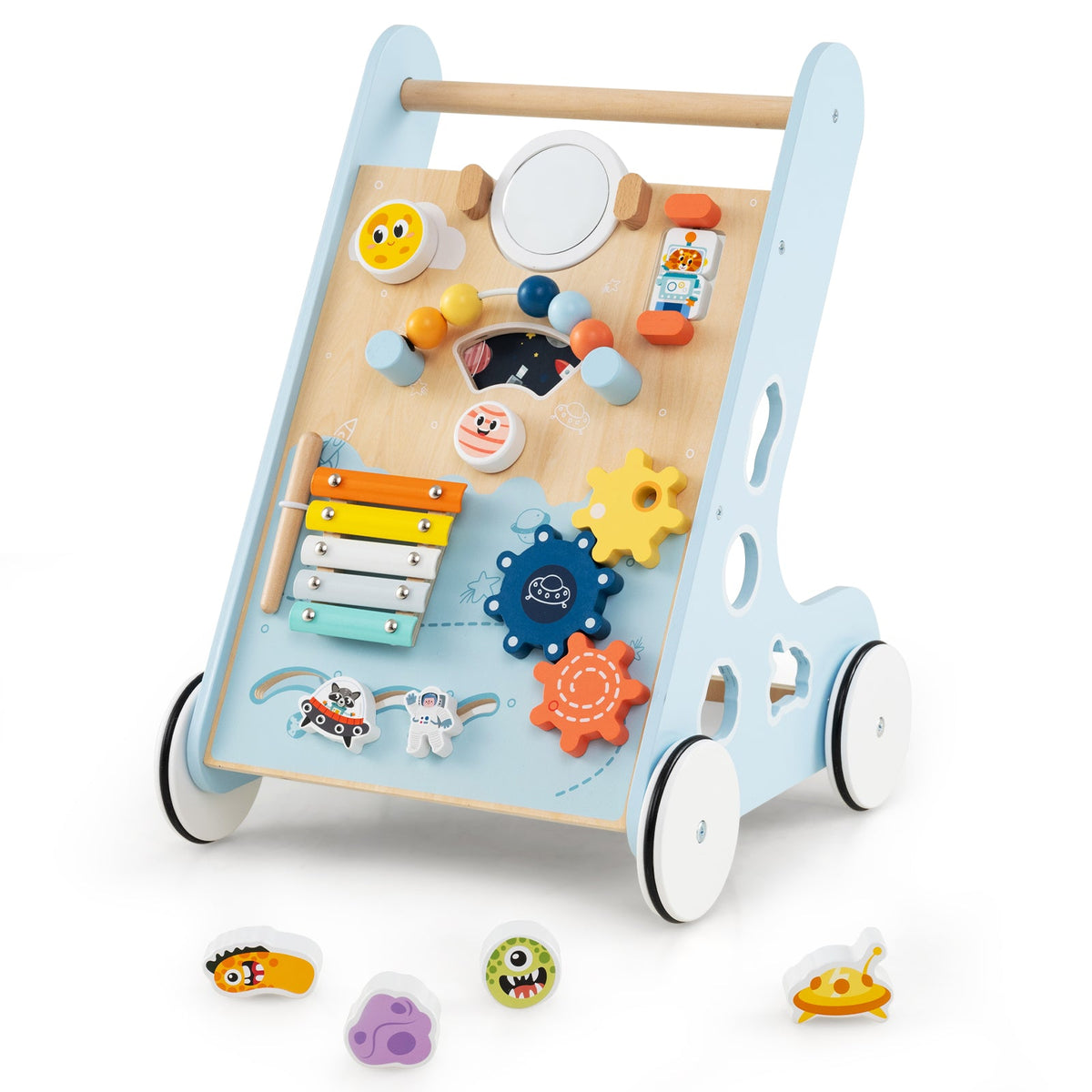Wooden Baby Walker Push and Pull Learning Activity Center with Wheels for Toddlers 1+ Years Old-Blue