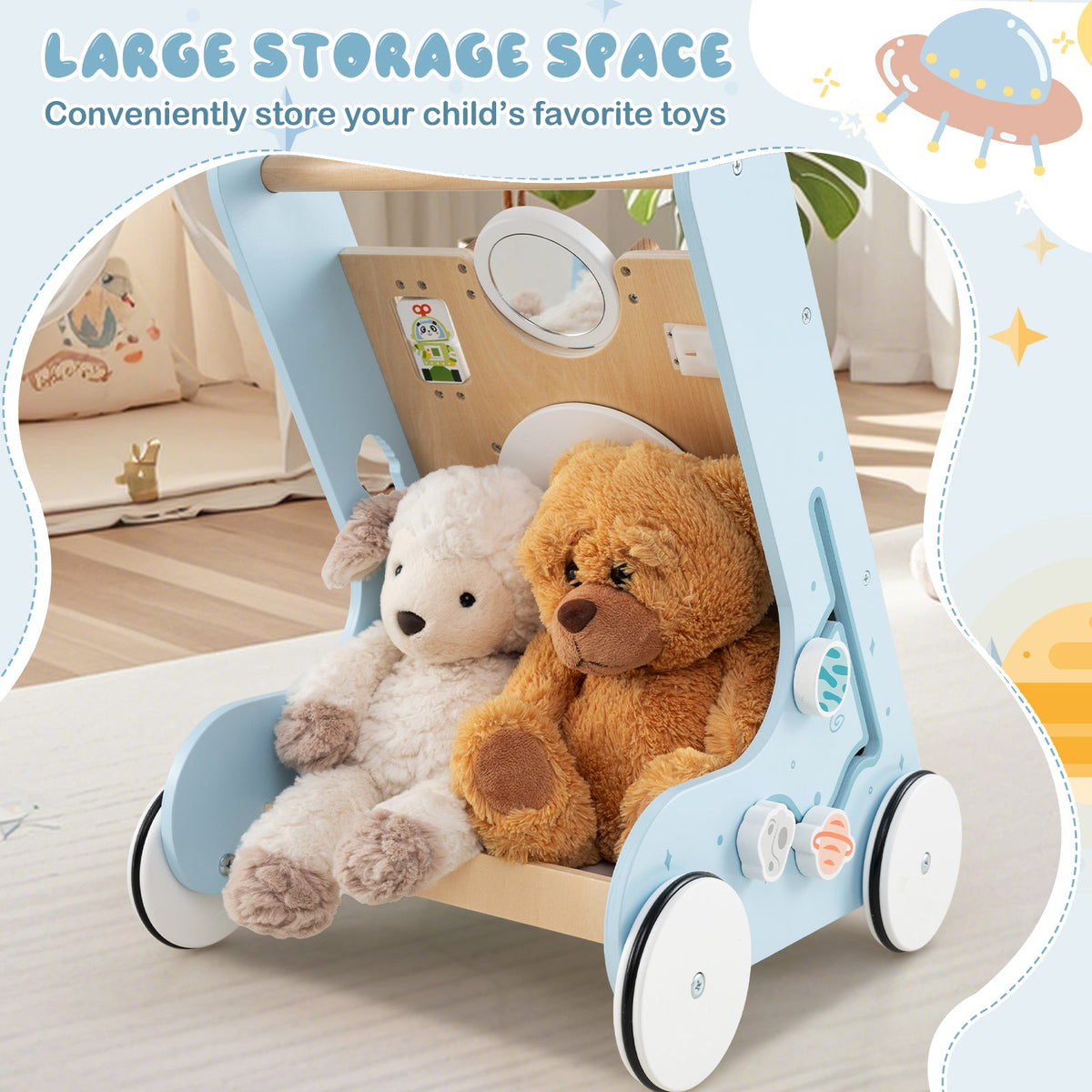 Wooden Baby Walker Push and Pull Learning Activity Center with Wheels for Toddlers 1+ Years Old-Blue
