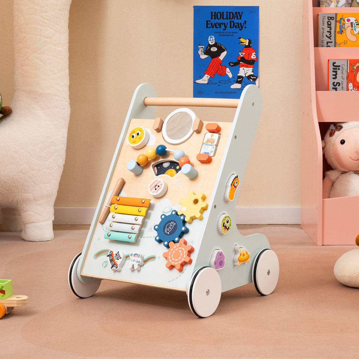 Wooden Baby Walker Push and Pull Learning Activity Center with Wheels for Toddlers 1+ Years Old-Green