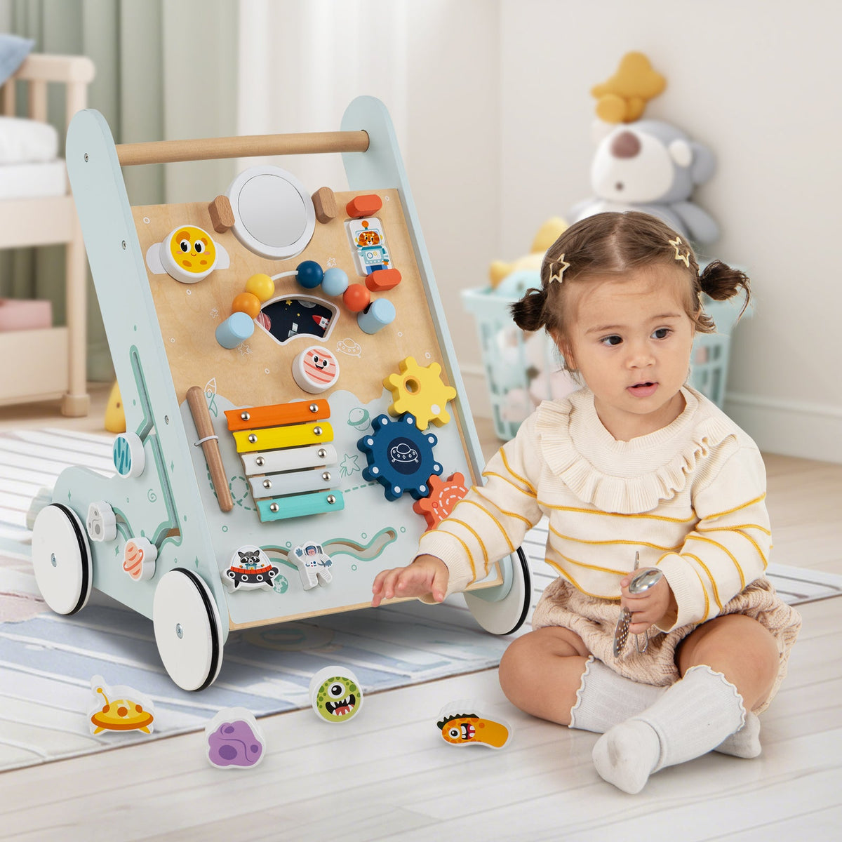 Wooden Baby Walker Push and Pull Learning Activity Center with Wheels for Toddlers 1+ Years Old-Green