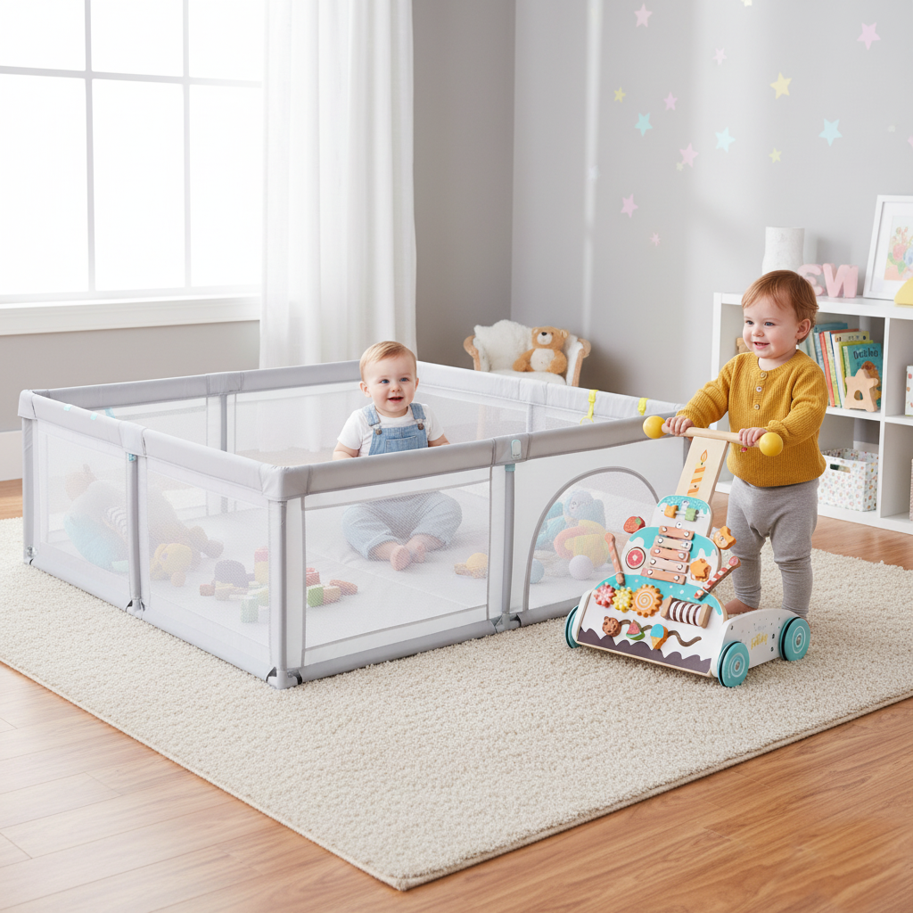 Wooden Baby Walker and Large Infant Playpen Bundle