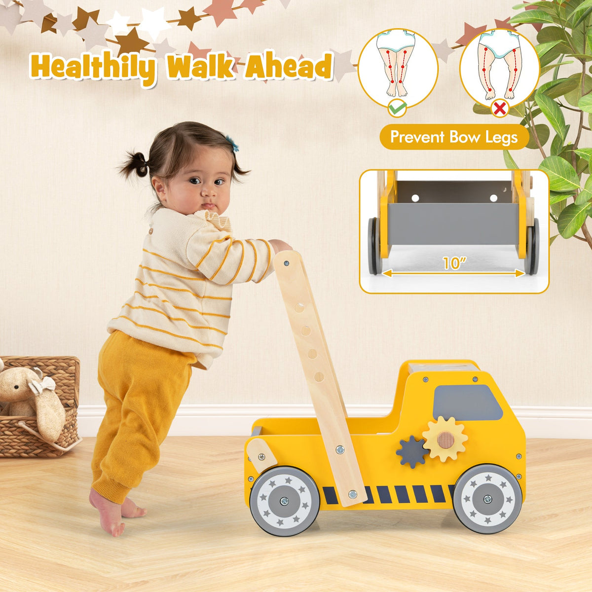 2-in-1 Wooden Baby Walker with Adjustable Speed and Bottom Storage-Yellow