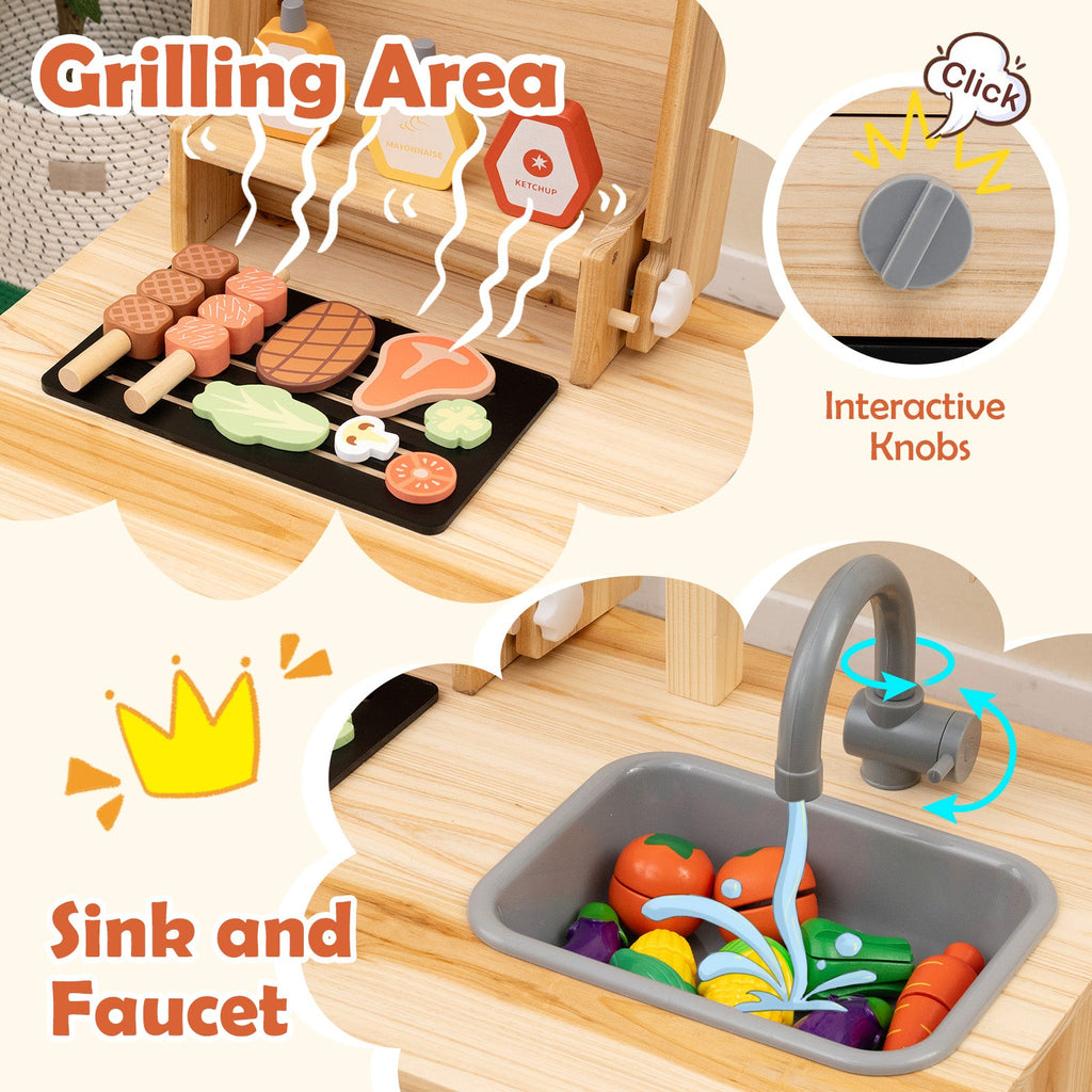 Wooden Barbecue Grill Playset with Chalkboard and Sink and Cabinet-Natural