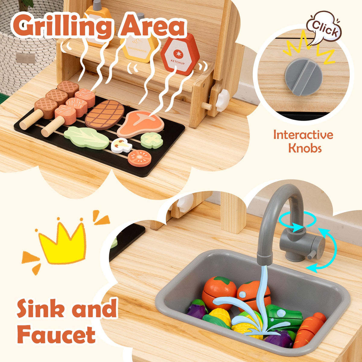 Wooden Barbecue Grill Playset with Chalkboard and Sink and Cabinet-Natural