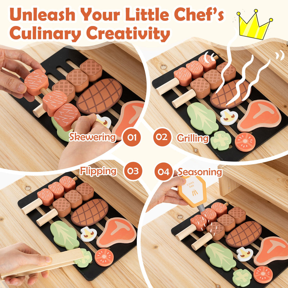 Wooden Barbecue Grill Playset with Play Food and Open Shelves-Natural