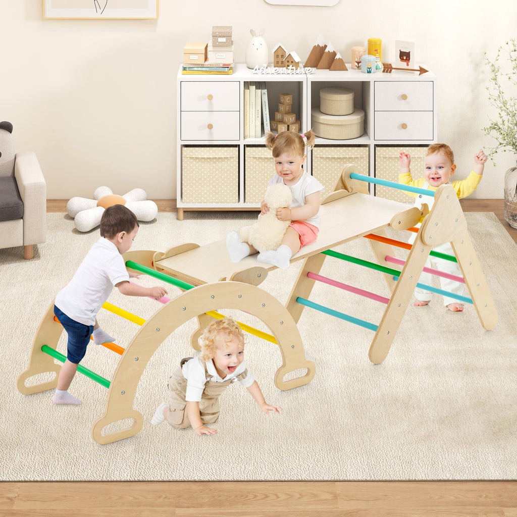 5-in-1 Wooden Kids Climber Toys with Triangle Arch Ramp-Multicolor