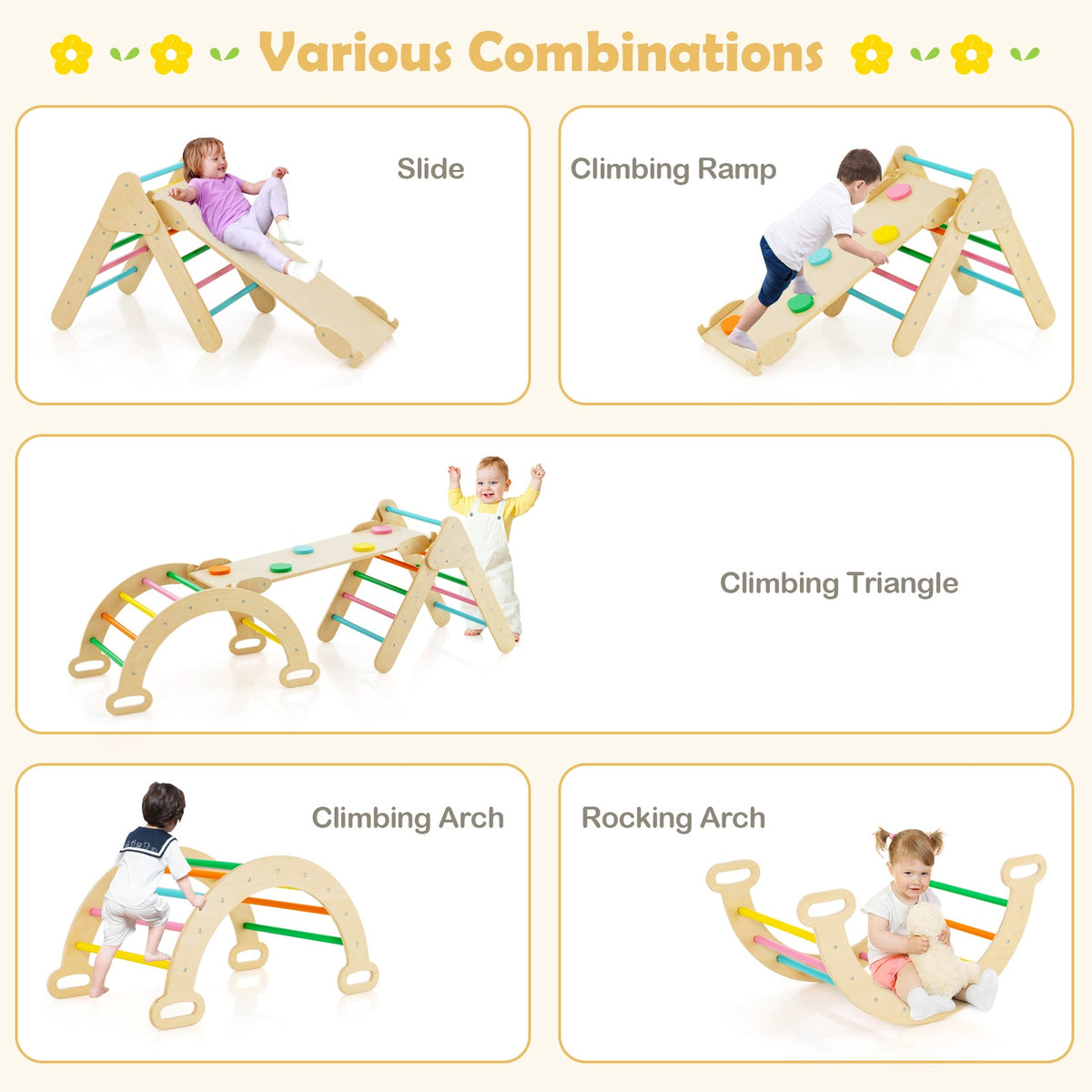 5-in-1 Wooden Kids Climber Toys with Triangle Arch Ramp-Multicolor