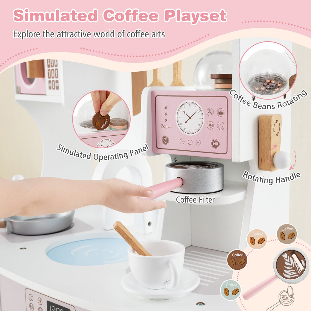 Wooden Kids Kitchen Playset with Coffee Maker for kids-Pink