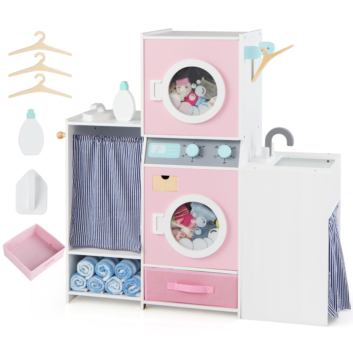 Wooden Kids Laundry Playset with Laundry Detergent Bottle and Clothes Hangers-Pink