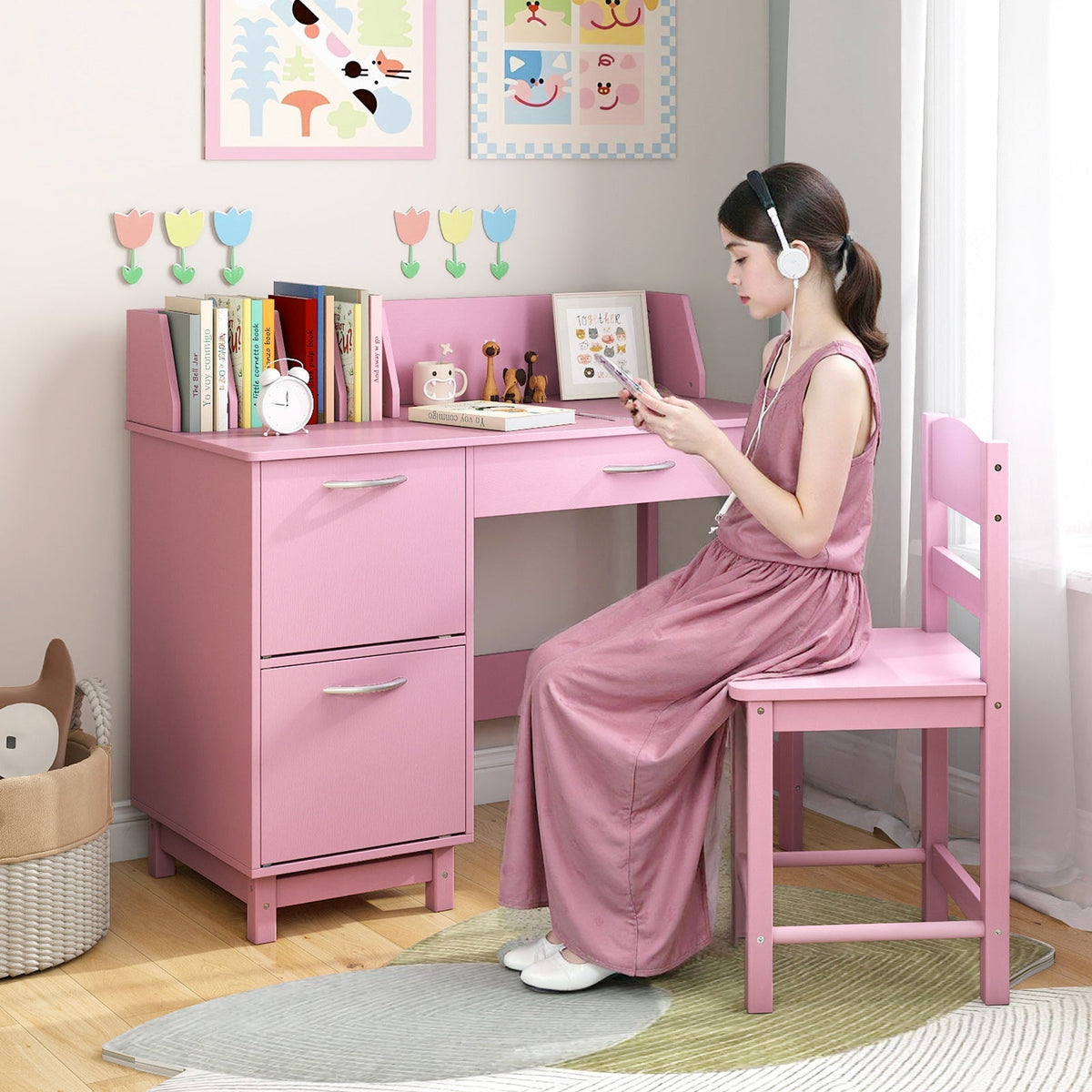 Wooden Kids Study Desk and Chair Set Student Workstation