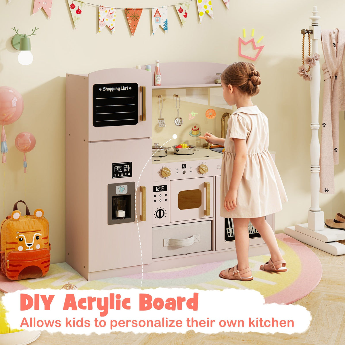 Wooden Kids Kitchen Playset with Chalkboard Ice Maker Sink Lighted Microwave-Pink