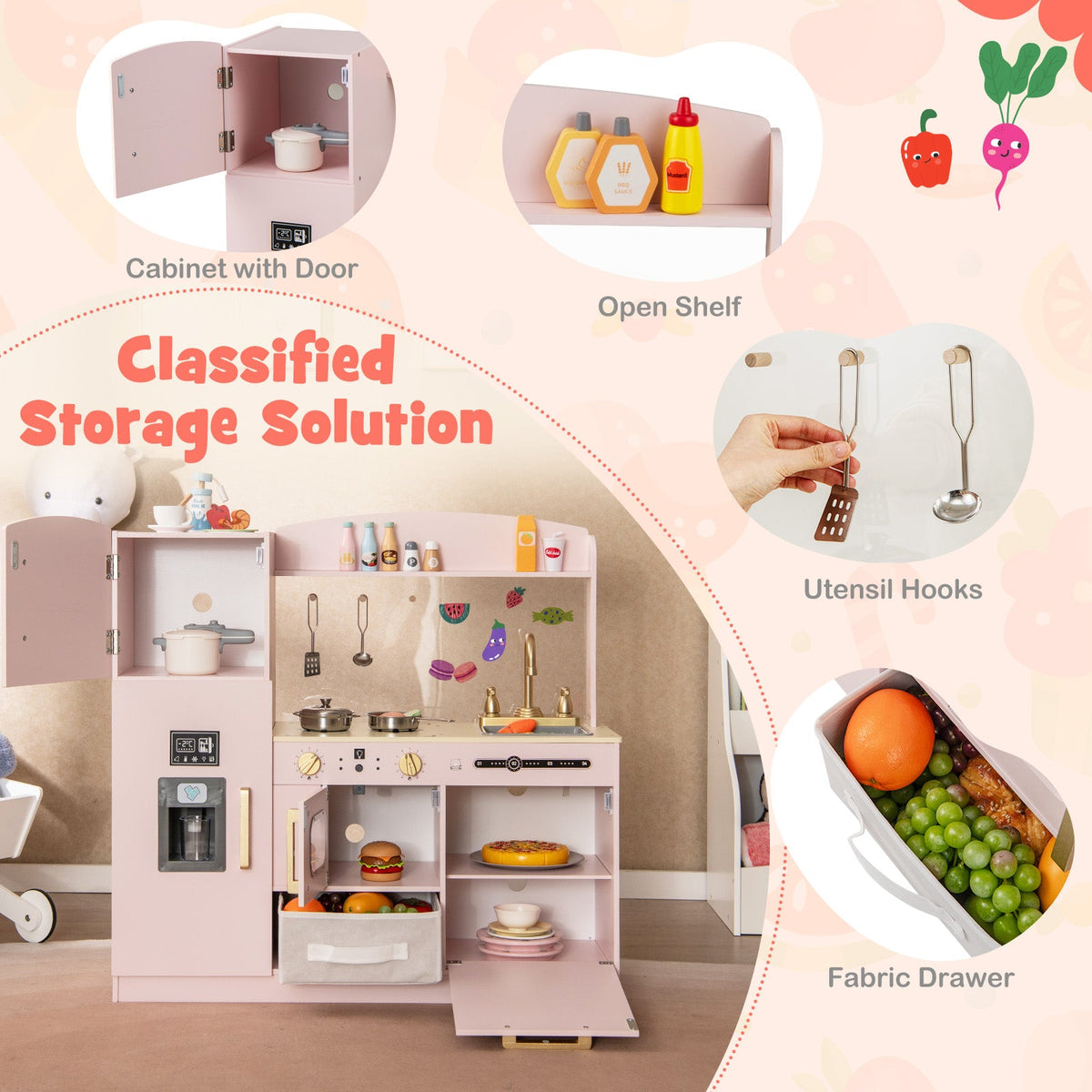 Wooden Kids Kitchen Playset with Chalkboard Ice Maker Sink Lighted Microwave-Pink
