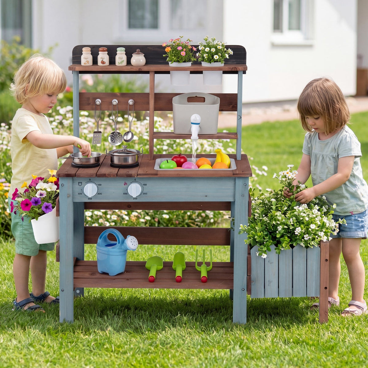 Wooden Mud Kitchen Set with Running Water Faucet Tank