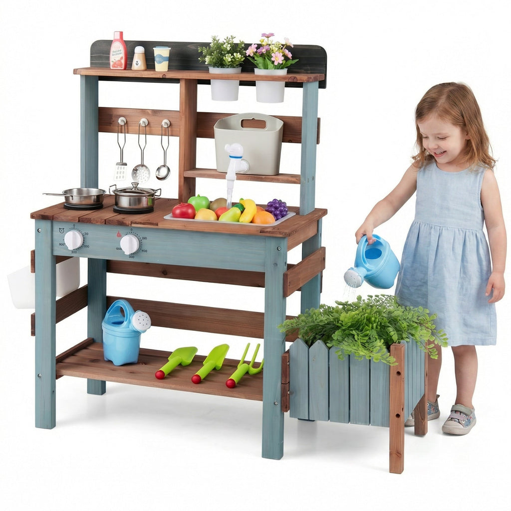 Wooden Mud Kitchen Set with Running Water Faucet Tank