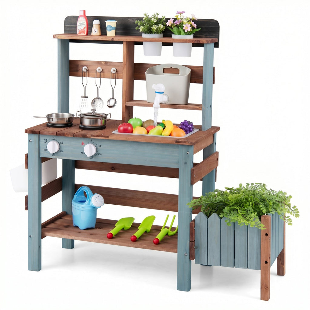 Wooden Mud Kitchen Set with Running Water Faucet Tank