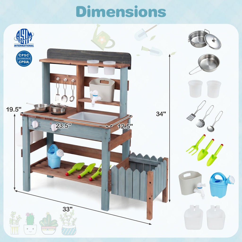 Wooden Mud Kitchen Set with Running Water Faucet Tank