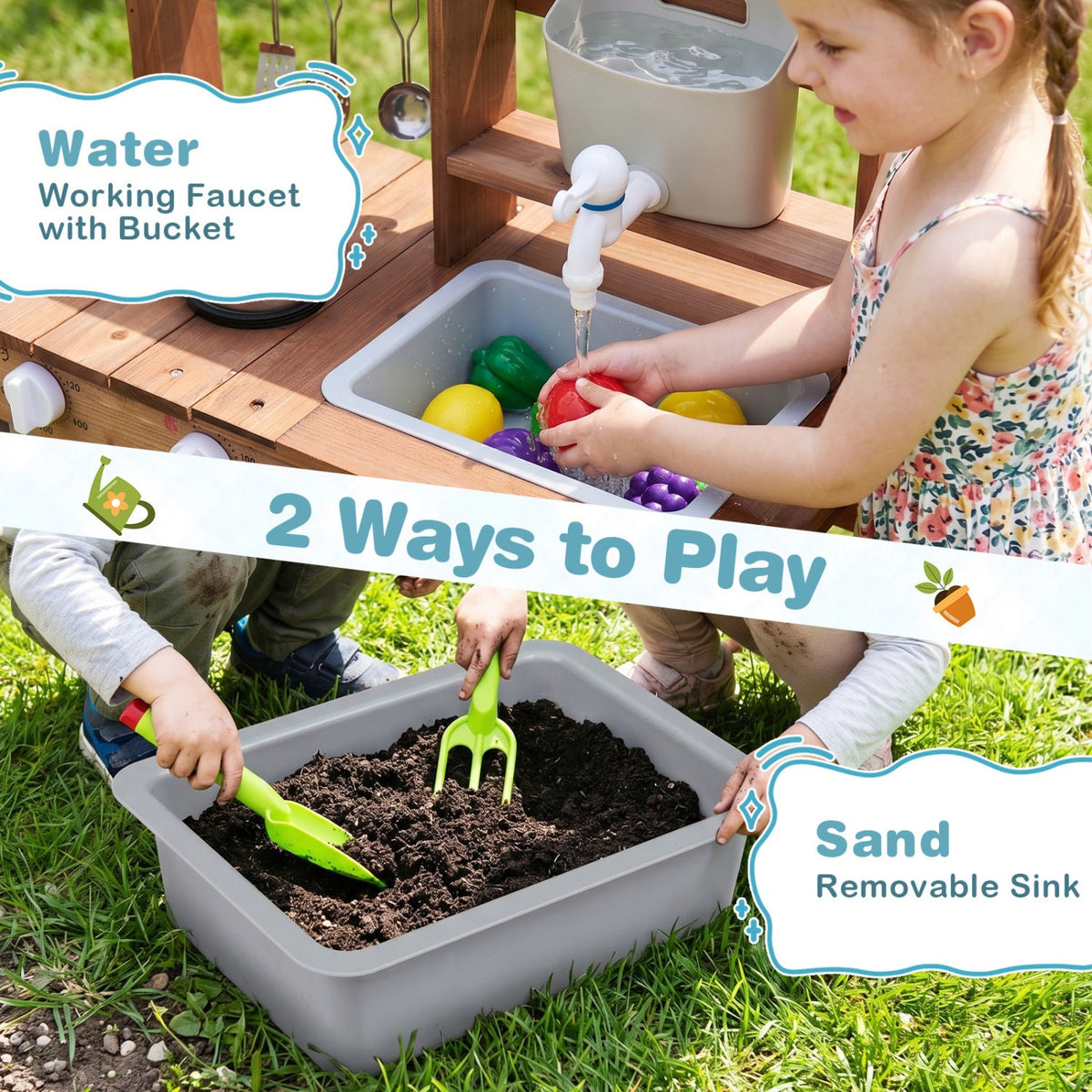 Wooden Mud Kitchen Set with Running Water Faucet Tank