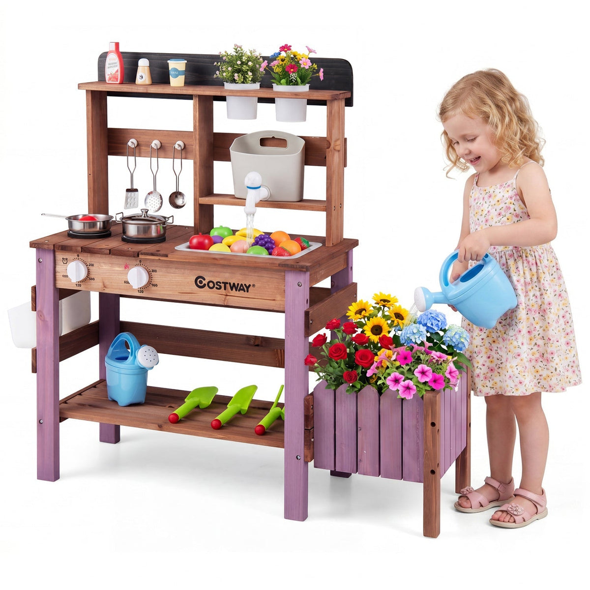 Wooden Mud Kitchen Set with Running Water Faucet Tank