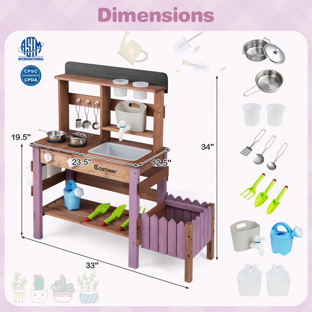 Wooden Mud Kitchen Set with Running Water Faucet Tank