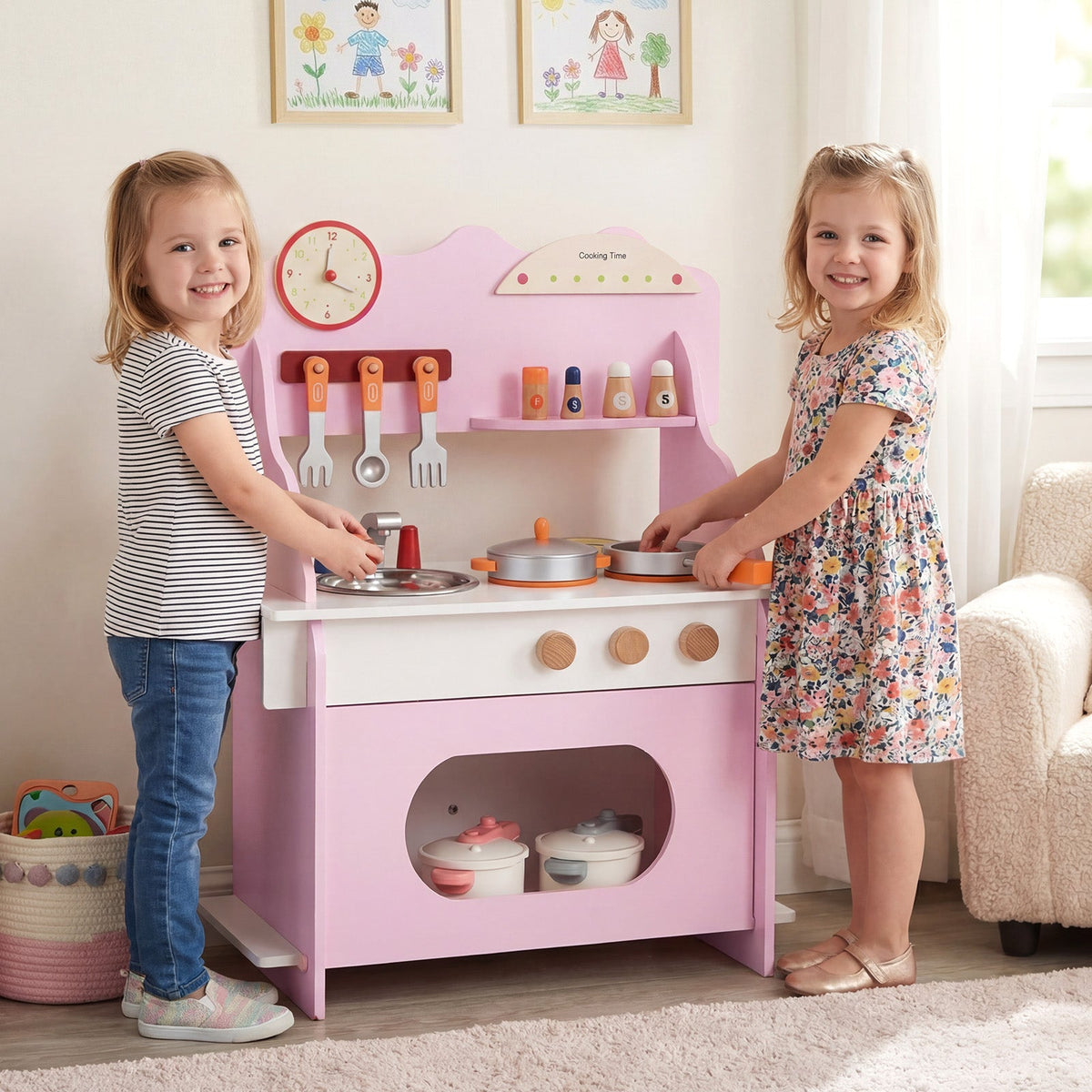 Wooden Play Kitchen for Kids Pretend Play Toy Kitchen Set with Clock Gift for Boys and Girls 3 +Pink