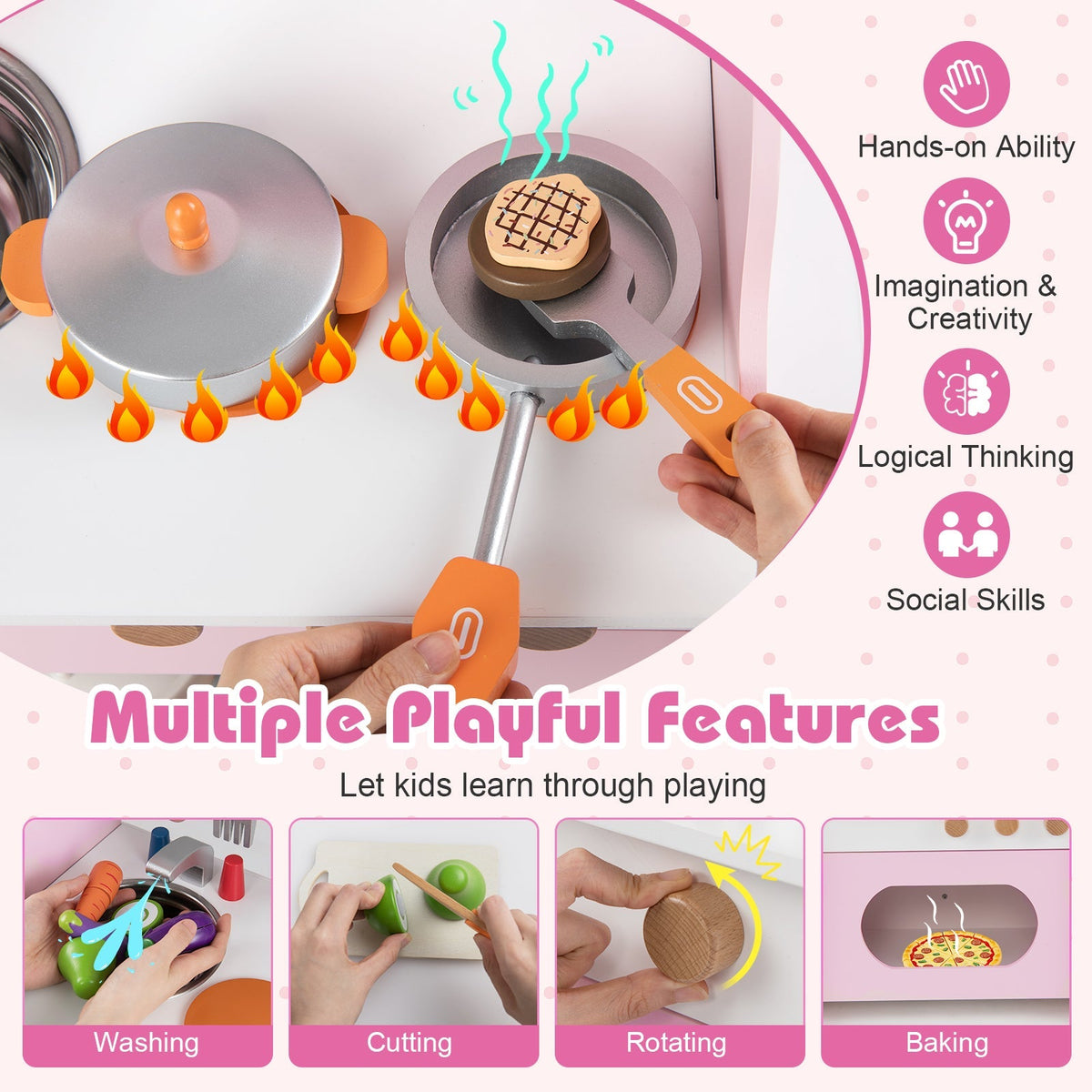 Wooden Play Kitchen for Kids Pretend Play Toy Kitchen Set with Clock Gift for Boys and Girls 3 +Pink