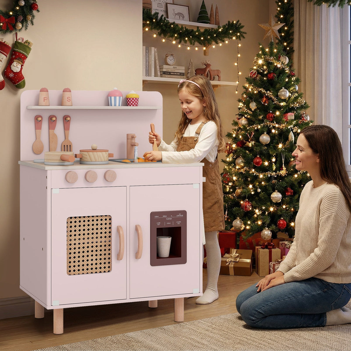 Wooden Pretend Kitchen Playset with Realistic Ice Maker