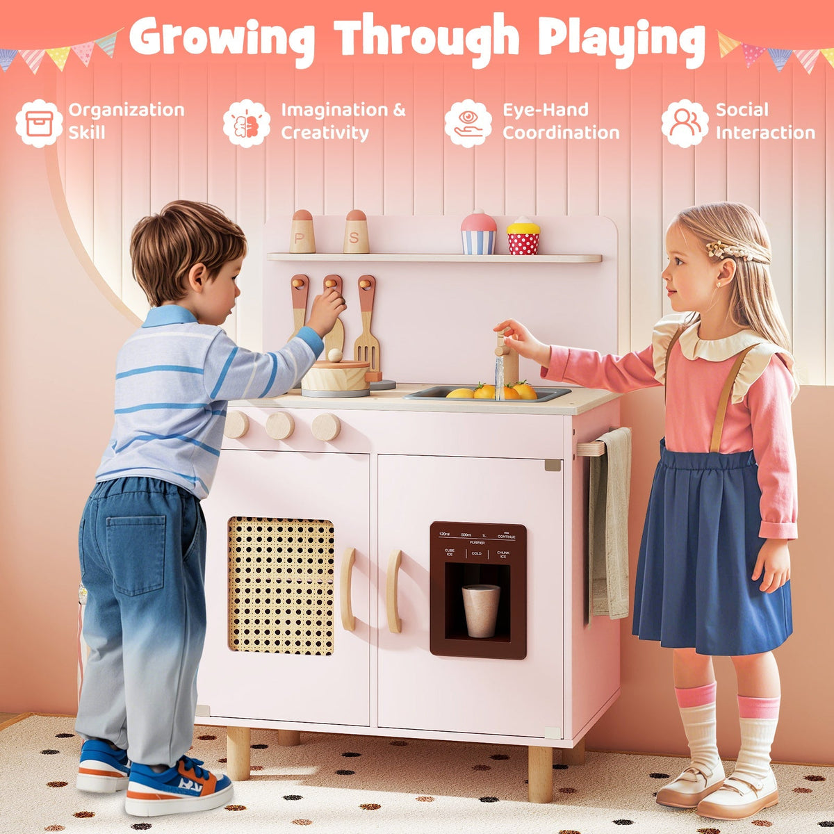 Wooden Pretend Kitchen Playset with Realistic Ice Maker